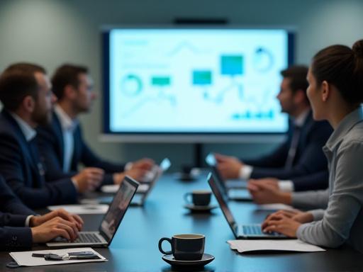 グラフとデータを見ながら会議しているビジネスチーム