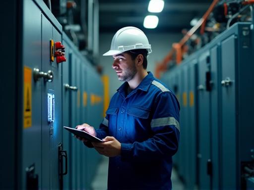 エンジニアがタブレットでメンテナンス情報を確認している